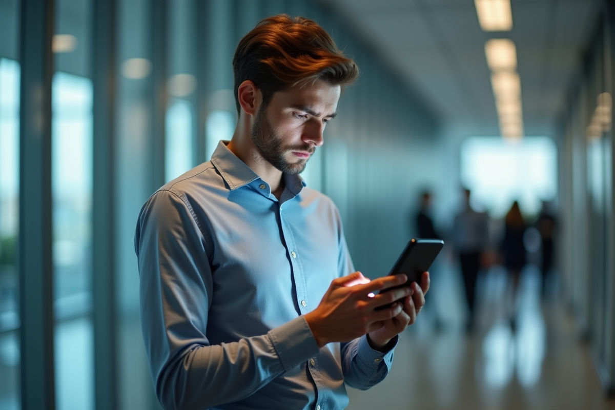 Homme inquiet vérifiant son smartphone dans un couloir de bureau