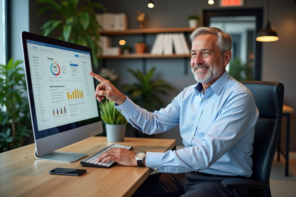 Homme en réunion analysant une stratégie SEO sur son écran