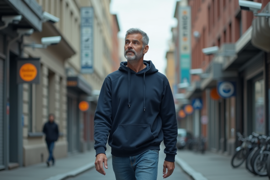 Homme en hoodie regardant les caméras urbaines