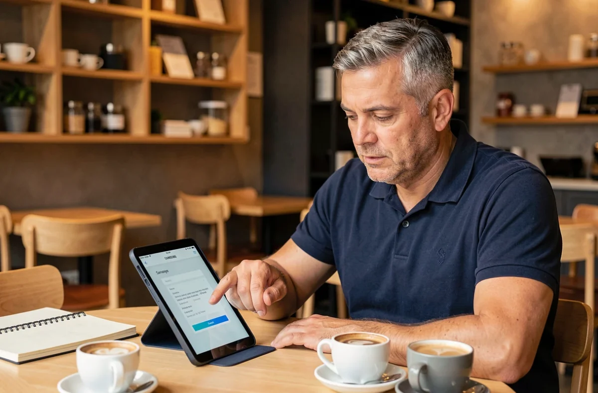 Homme d'âge mûr utilisant une tablette Android dans un café pour copier-coller du texte