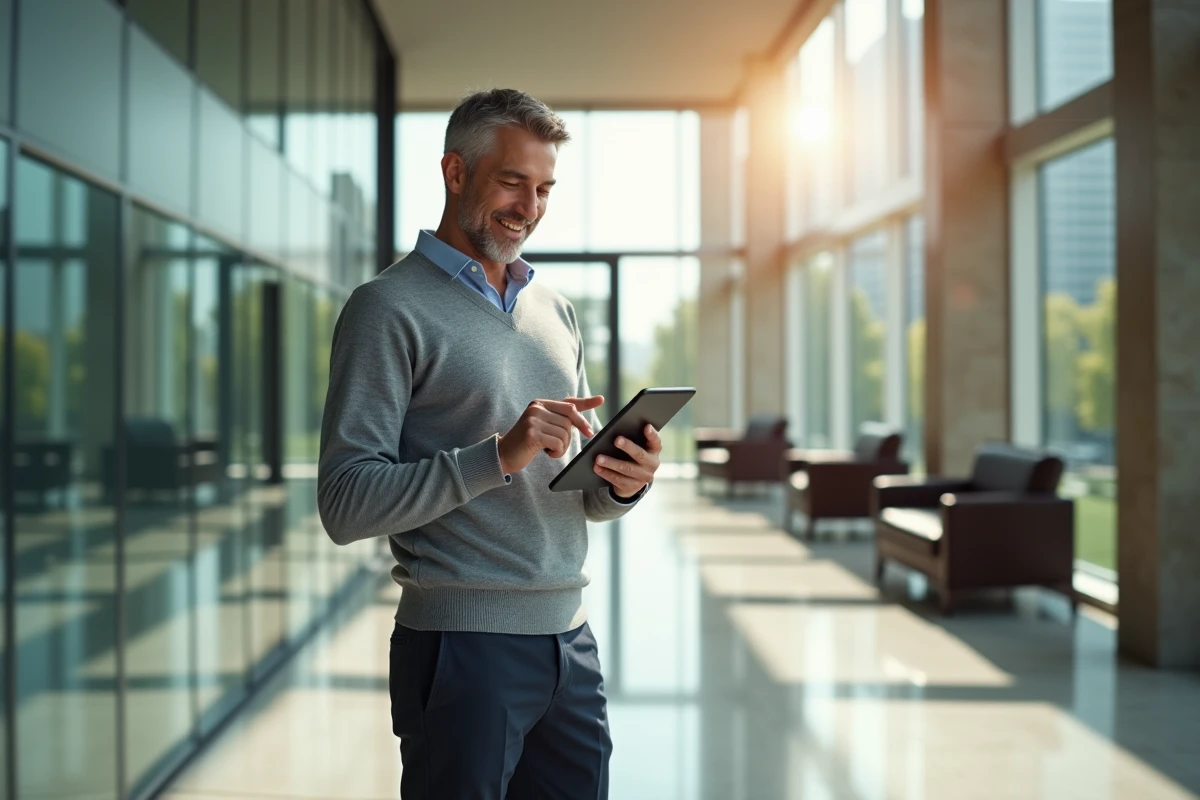 Homme d age moyen utilisant une tablette Android dans un bureau