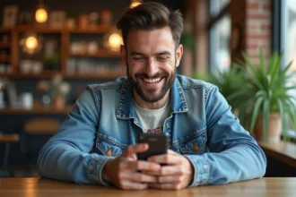 Homme souriant avec téléphone Sony Ericsson dans un café