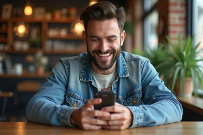 Homme souriant avec téléphone Sony Ericsson dans un café
