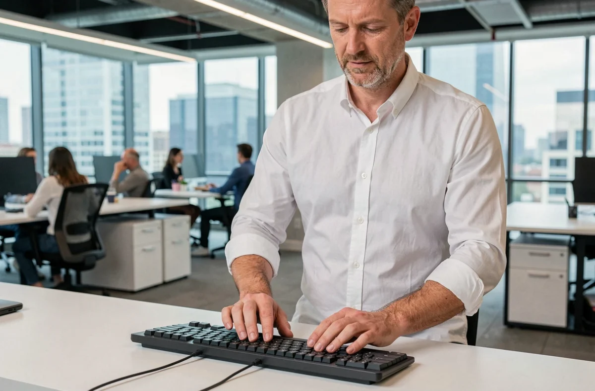 Homme en bureau open space utilisant la touche Shift sur un clavier ergonomique sans fil pour saisir des majuscules