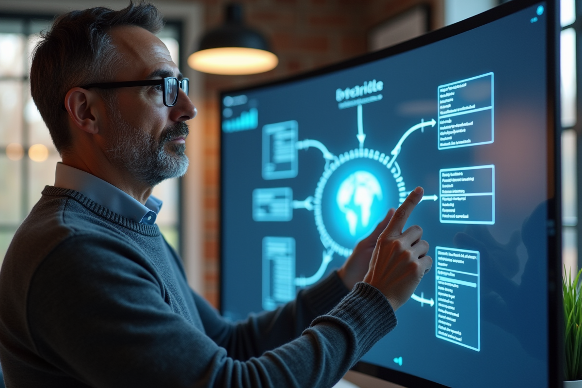 Homme utilisant un grand écran tactile pour créer une carte mentale de mots-clés
