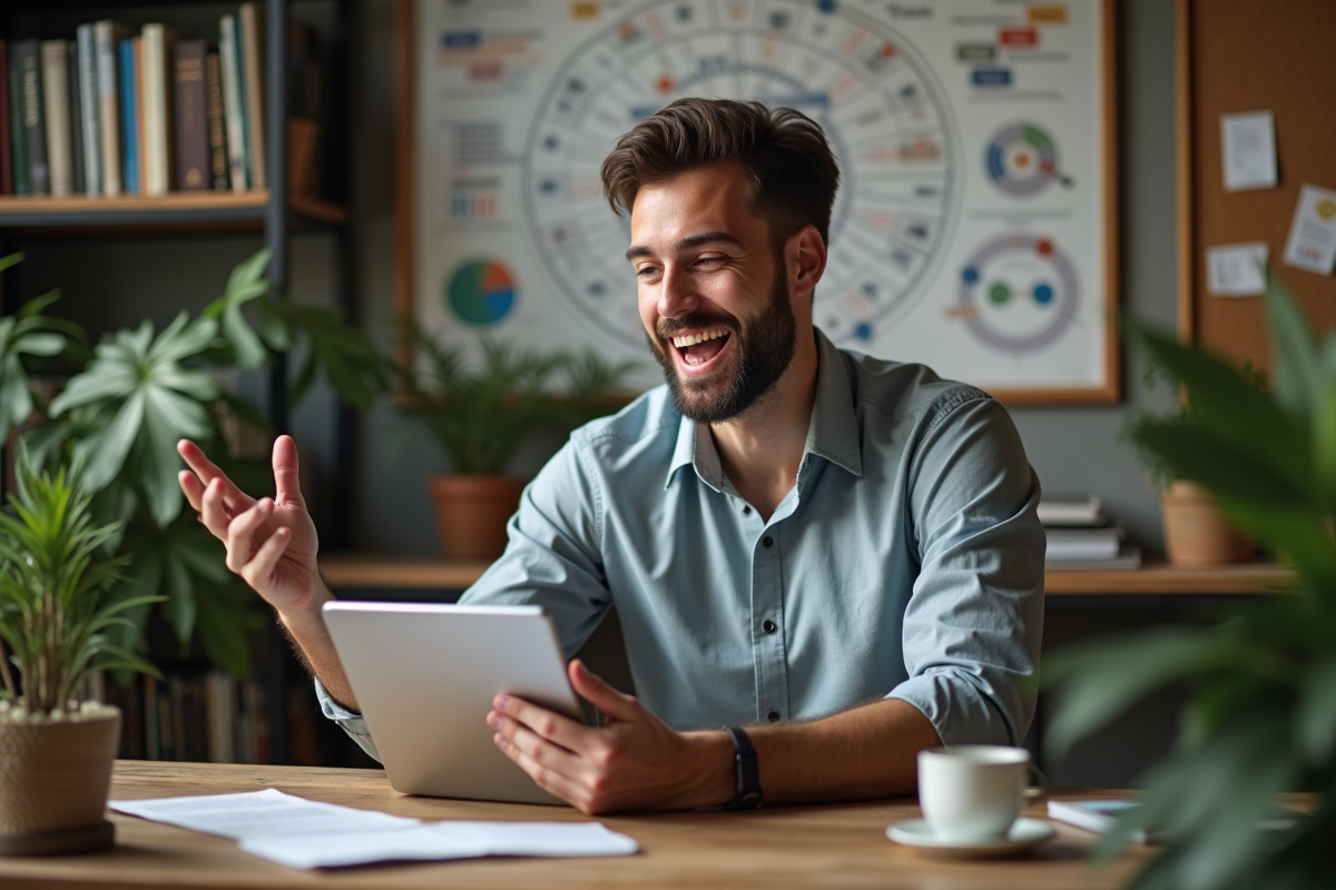 Jeune homme en visioconference dans un espace créatif