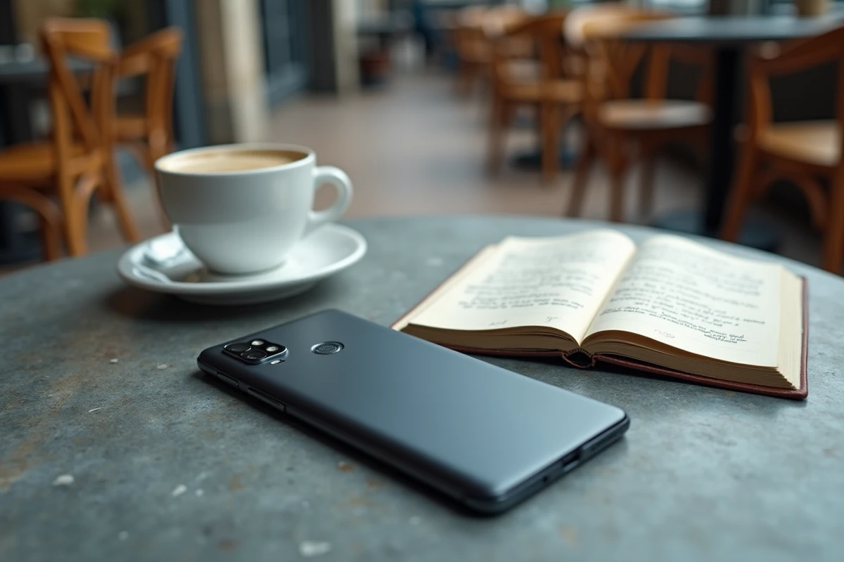 Huawei P10 Lite posé sur une surface en béton dans un café avec un carnet et un café