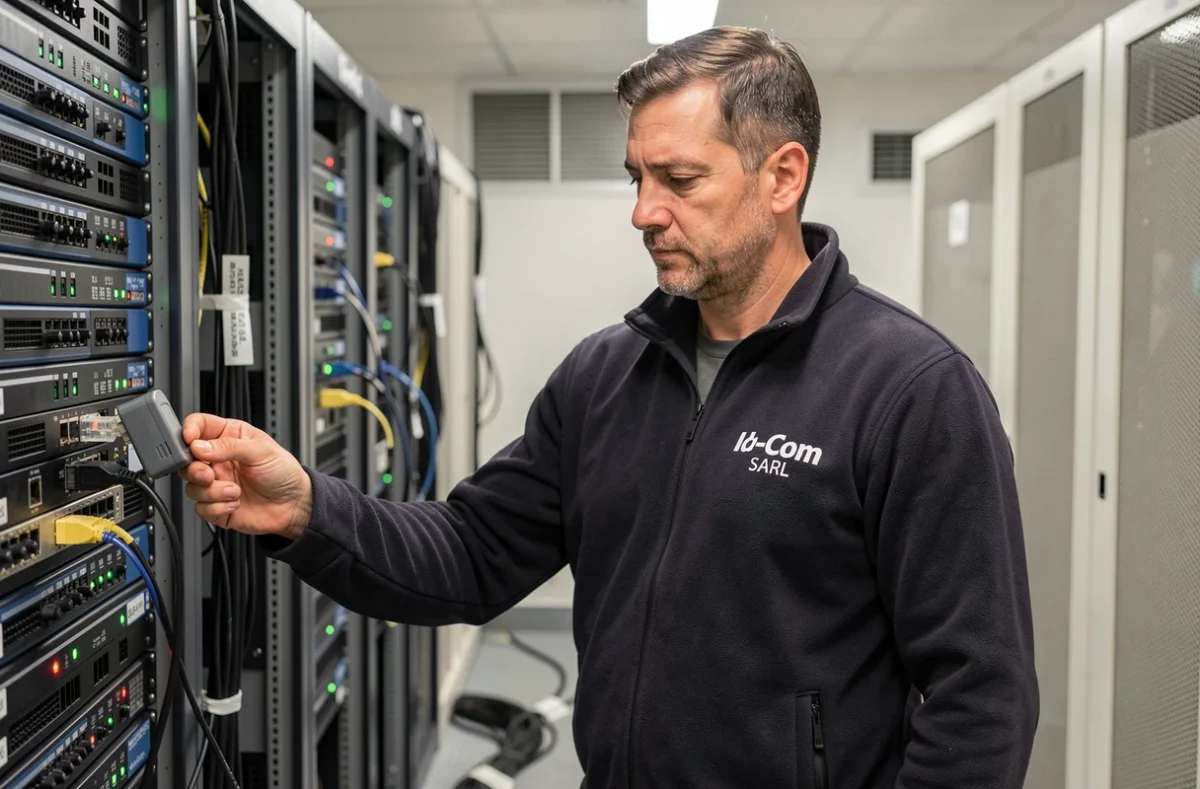Technicien Id-Com SARL connectant une caméra IP dans une salle serveur professionnelle