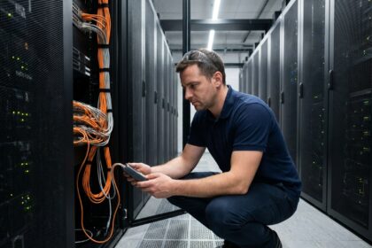 Ingénieur informatique inspectant les câbles dans une baie serveur d'un data center de colocation moderne
