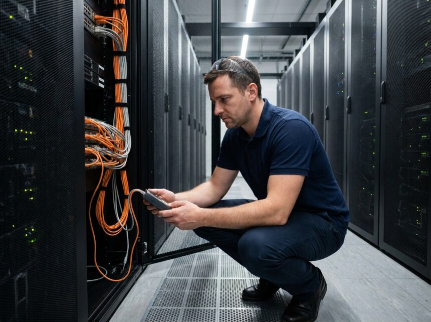 Ingénieur informatique inspectant les câbles dans une baie serveur d'un data center de colocation moderne