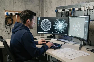 Ingénieur 3D travaillant sur un pipeline de rendu Neural Radiance Fields avec plusieurs écrans affichant des maillages et des réseaux de neurones