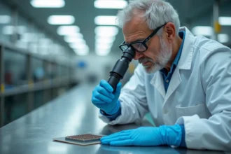 Ingénieur en salle blanche examinant une tranche de silicium avec des micro-bumps en cuivre pour l'intégration 3D des puces semiconducteurs