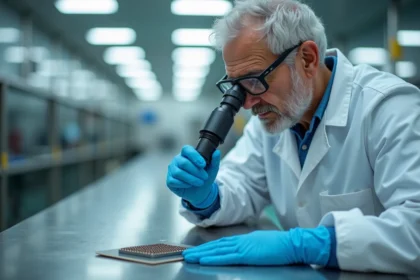 Ingénieur en salle blanche examinant une tranche de silicium avec des micro-bumps en cuivre pour l'intégration 3D des puces semiconducteurs