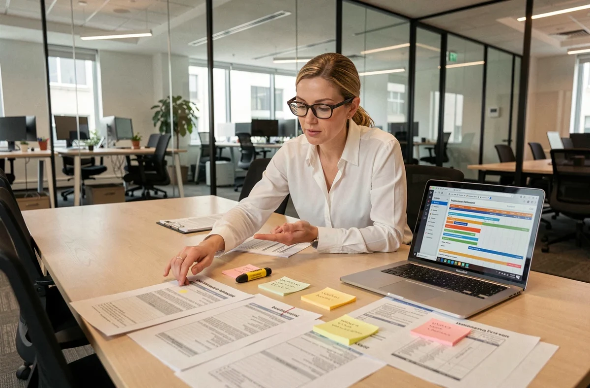 Ingénieure systèmes examinant des rapports d'audit de maintenance imprimés lors d'une réunion de travail