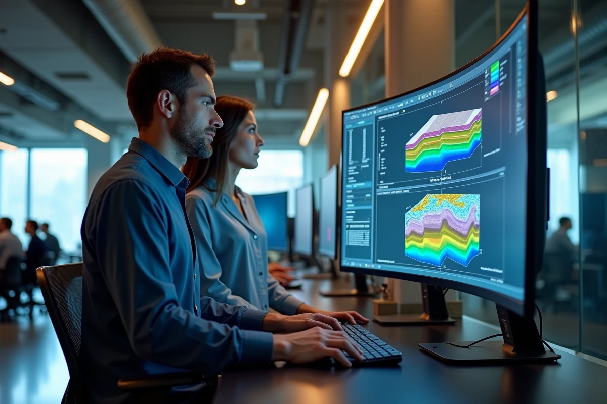 Deux ingénieurs en emballage semiconducteur analysant des simulations de métallisation sous bump pour puces 3D sur un poste de travail informatique
