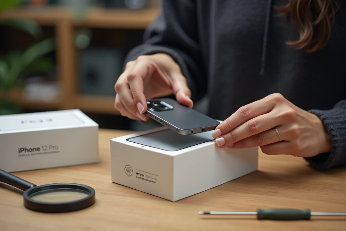 Femme inspectant un iPhone 12 Pro reconditionné certifié Apple à côté d'un reconditionnement tiers dans un atelier de réparation