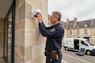 Technicien installant une caméra de vidéosurveillance sur un bâtiment commercial dans le Grand Est