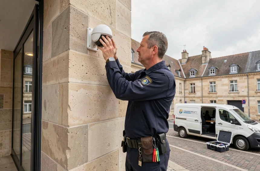 Technicien installant une caméra de vidéosurveillance sur un bâtiment commercial dans le Grand Est