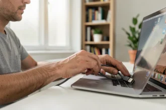 Homme branchant un câble USB B vers USB C sur un MacBook Pro dans un bureau à domicile moderne
