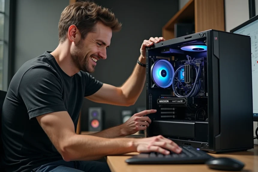 Homme installant un systeme de refroidissement liquide dans un PC