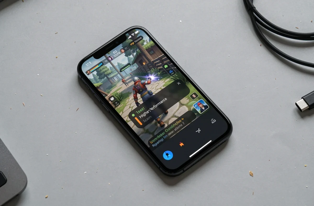 iPhone 12 posé sur un bureau minimaliste affichant un jeu mobile avec indicateur de température à l'écran