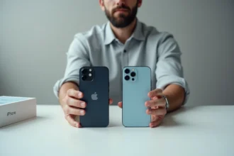 Comparaison entre un iPhone 12 Pro reconditionné Apple et un iPhone reconditionné par un tiers tenu par un homme