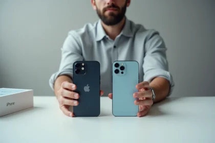 Comparaison entre un iPhone 12 Pro reconditionné Apple et un iPhone reconditionné par un tiers tenu par un homme