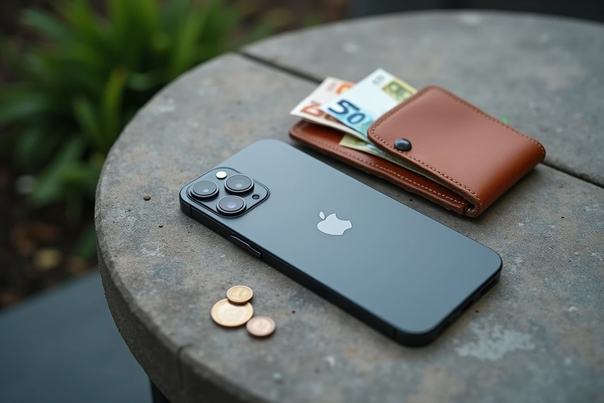 iPhone 15 posé à côté d'un portefeuille ouvert avec des billets en euros sur une surface en béton, symbolisant le dilemme budgétaire