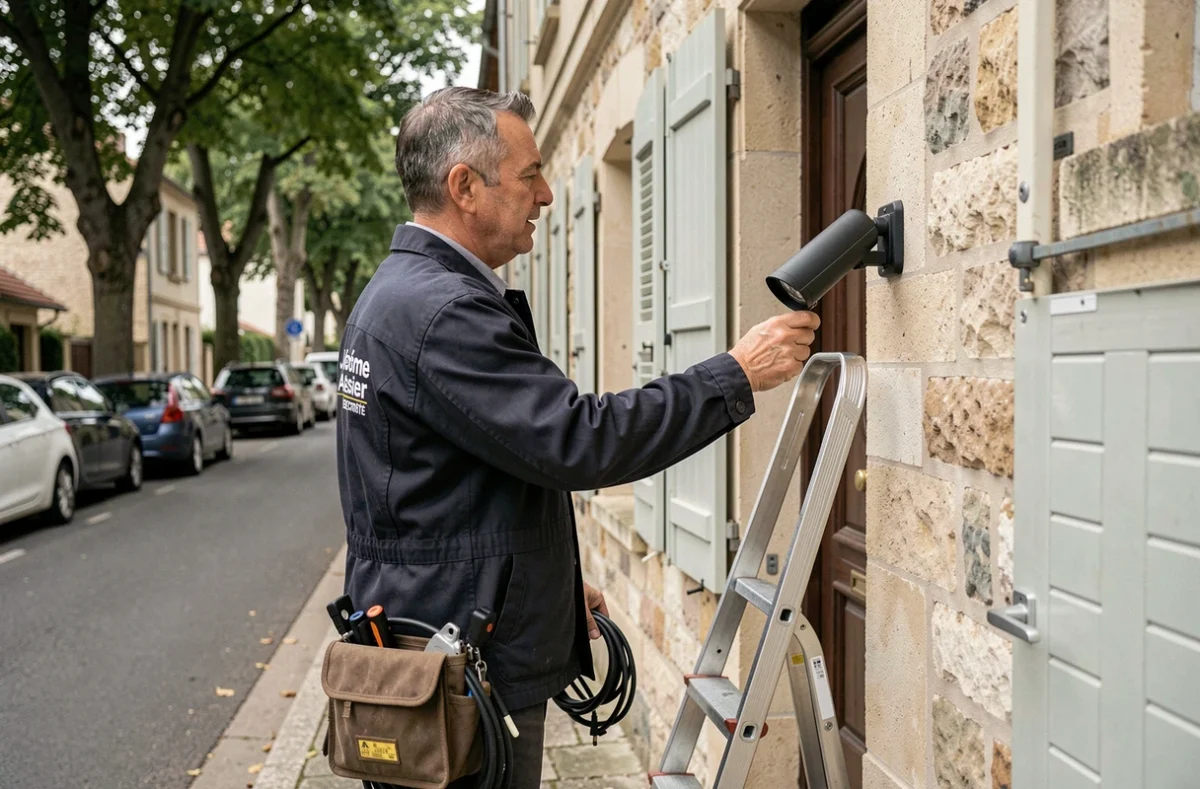Technicien de Jérôme Assier Electricité fixant une caméra extérieure sur une maison résidentielle