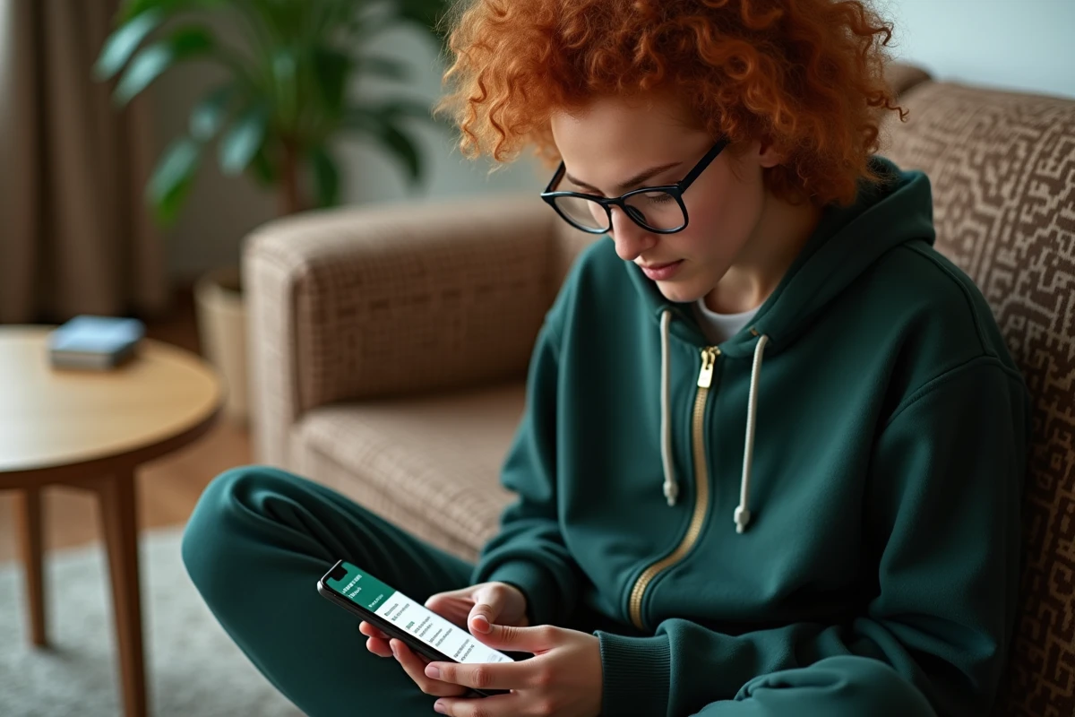 Jeune personne utilisant le presse-papier du clavier SwiftKey sur smartphone depuis un canapé