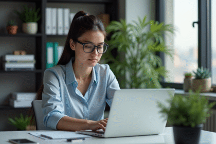 Jeune femme professionnelle examine son écran d'ordinateur dans un bureau moderne