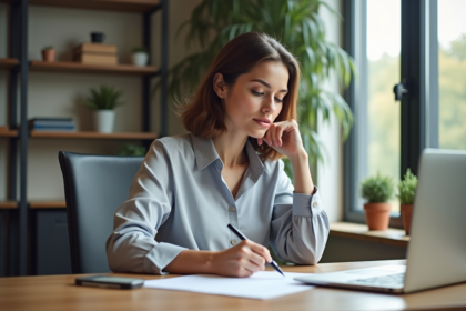 Jeune femme professionnelle travaillant sur son ordinateur dans un bureau moderne