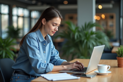Jeune femme professionnelle travaillant sur un ordinateur dans un bureau moderne