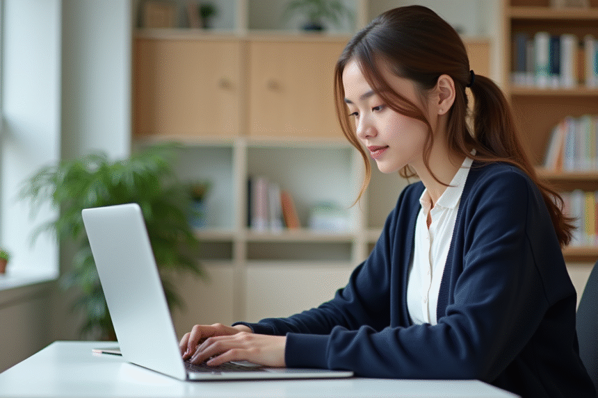 Jeune femme en bureau universitaire vérifiant ses emails Rennes