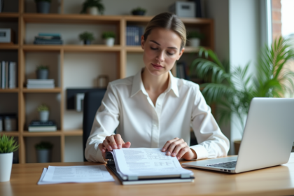 Jeune femme au bureau scannant un document PDF