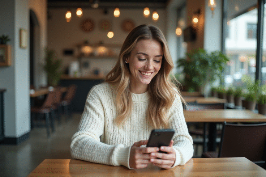 Jeune femme au café utilisant son smartphone avec sourire naturel