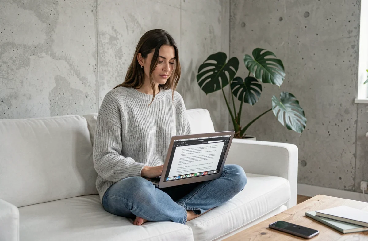 Jeune femme française utilisant un ordinateur portable avec clavier AZERTY dans un appartement moderne et minimaliste