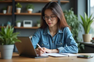 Jeune femme en denim travaillant sur une tablette dans un espace moderne