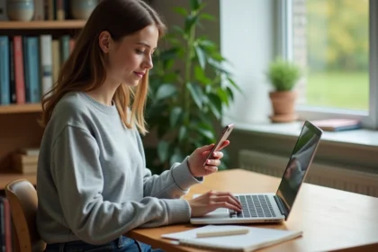 Jeune femme en étude dans une chambre universitaire lumineuse