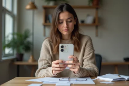 Jeune femme tenant un iPhone 15 avec une expression hésitante, entourée de notes de budget sur un bureau en bois