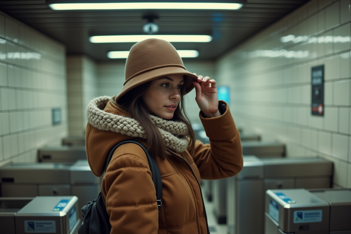 Jeune femme ajustant son chapeau dans le métro