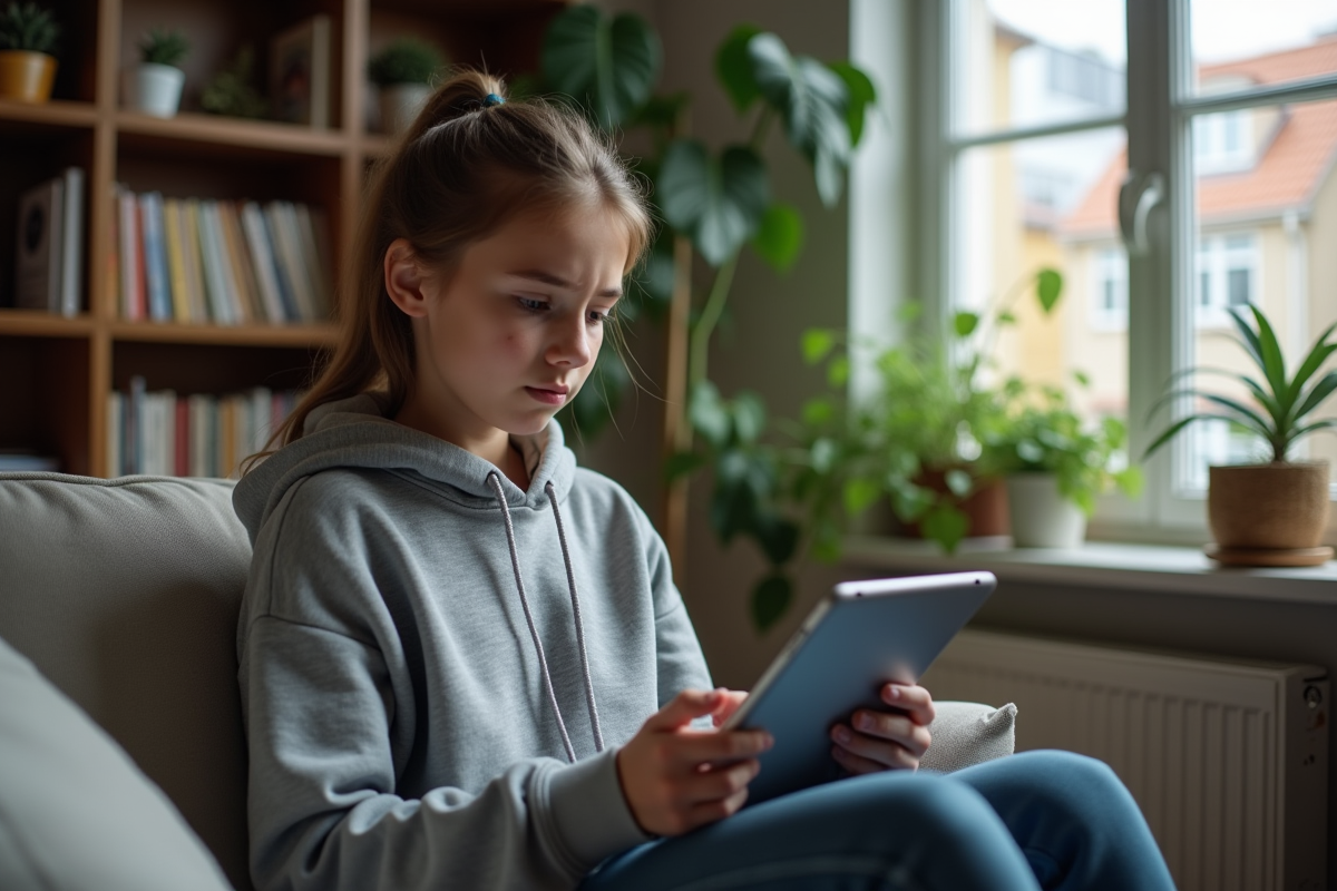 Jeune fille inquiète regardant sa tablette à la maison