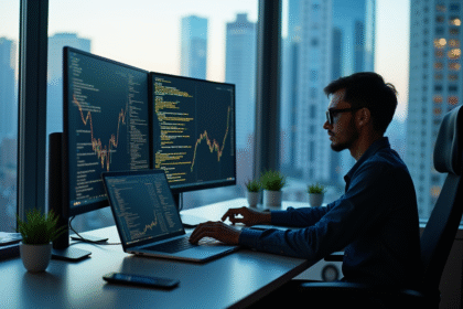 Jeune hacker professionnel travaillant sur plusieurs écrans en bureau lumineux