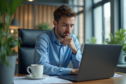 Jeune homme professionnel travaillant sur un ordinateur en bureau moderne
