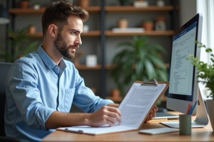 Jeune homme au bureau étudiant un PDF sur son ordinateur