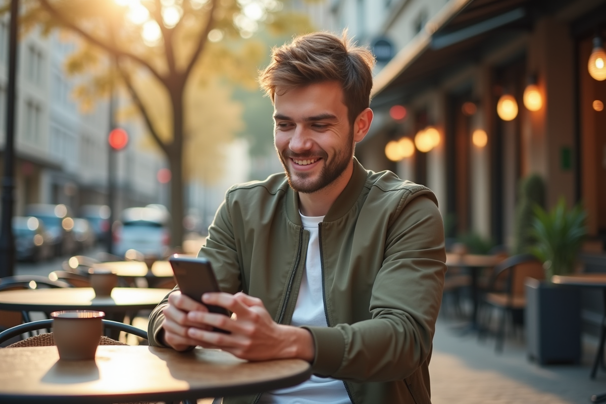 Jeune homme souriant utilisant son smartphone en extérieur
