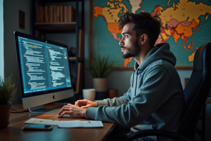 Jeune homme en hoodie regardant un écran de code et cartes digitales