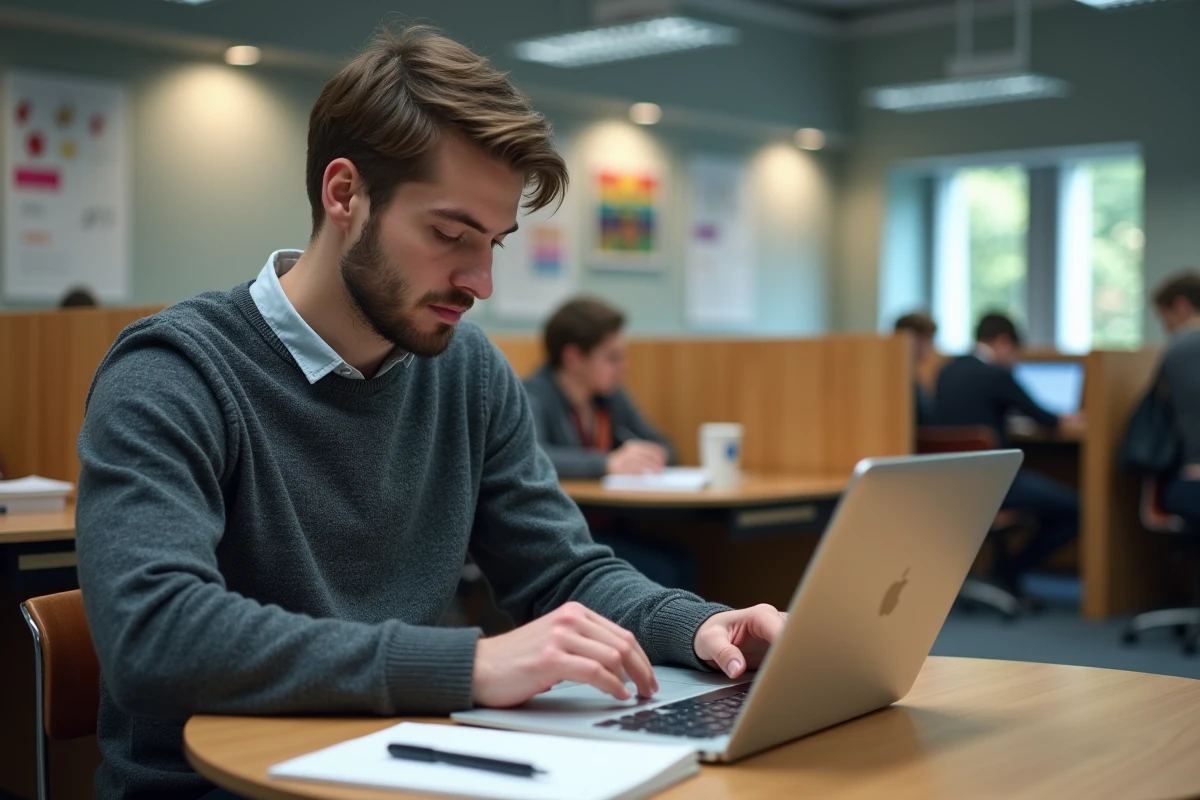 Jeune homme étudie avec notes dans une bibliothèque universitaire