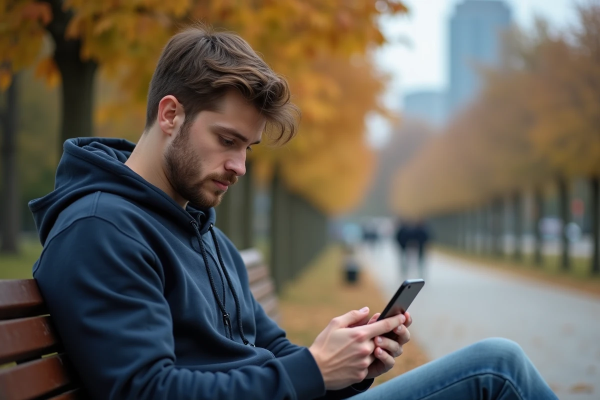 Jeune homme dans un parc avec son iPhone en main