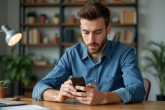 Jeune homme en bureau moderne programme un message WhatsApp